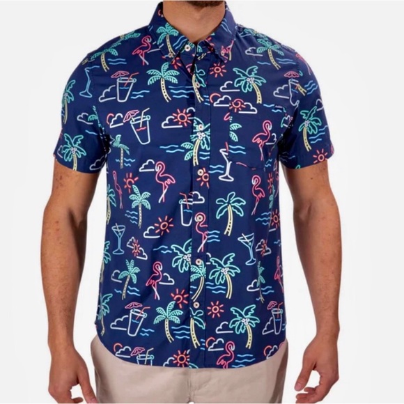 Men’s Chubbies Flamingo Palm Tree Print Short Sleeve Collared Shirt - Picture 1 of 5